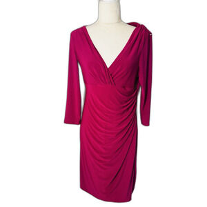 Lauren Ralph Lauren Sheath Faux Wrap Dress 3/4 Sleeve Size 14 Wine Magenta Red